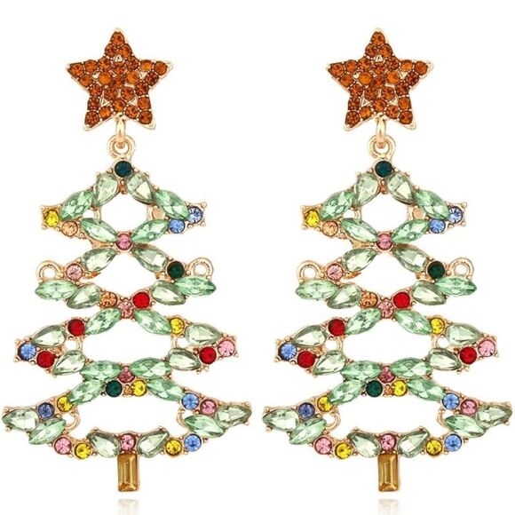 New - Christmas Tree Rhinestone Sparkle Earrings - Picture 2 of 3